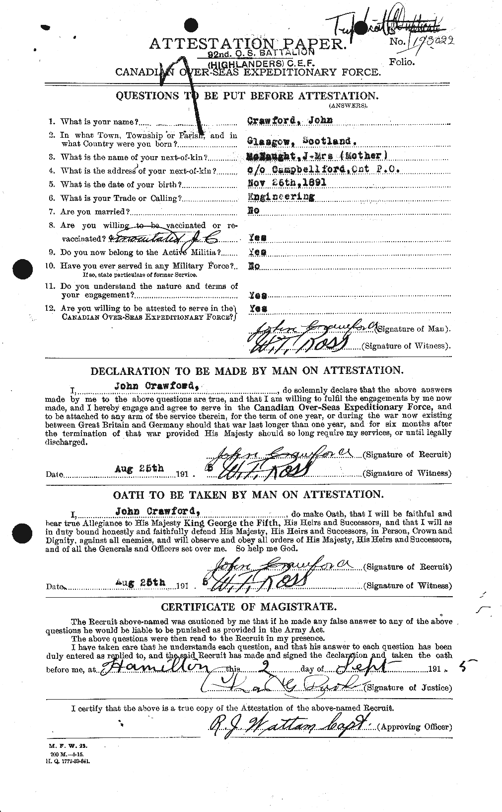 Dossiers du Personnel de la Première Guerre mondiale - CEC 062450a