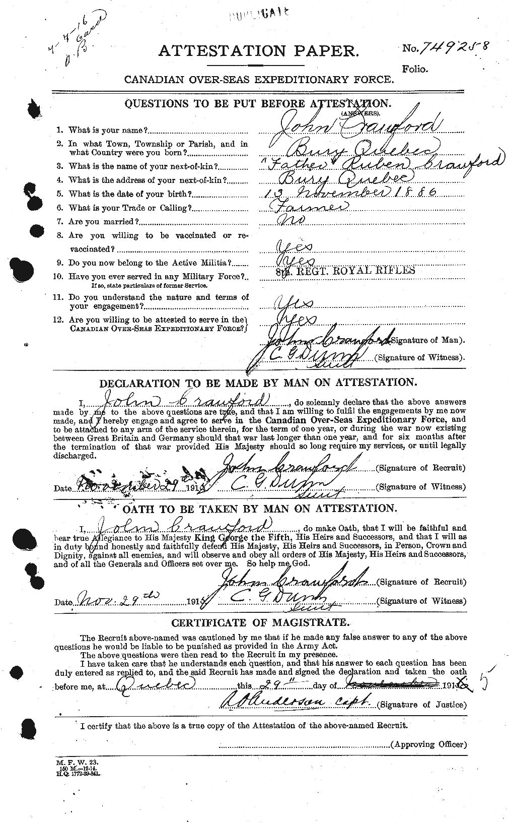 Dossiers du Personnel de la Première Guerre mondiale - CEC 062455a