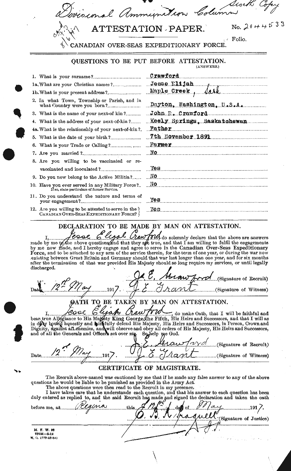 Dossiers du Personnel de la Première Guerre mondiale - CEC 062461a