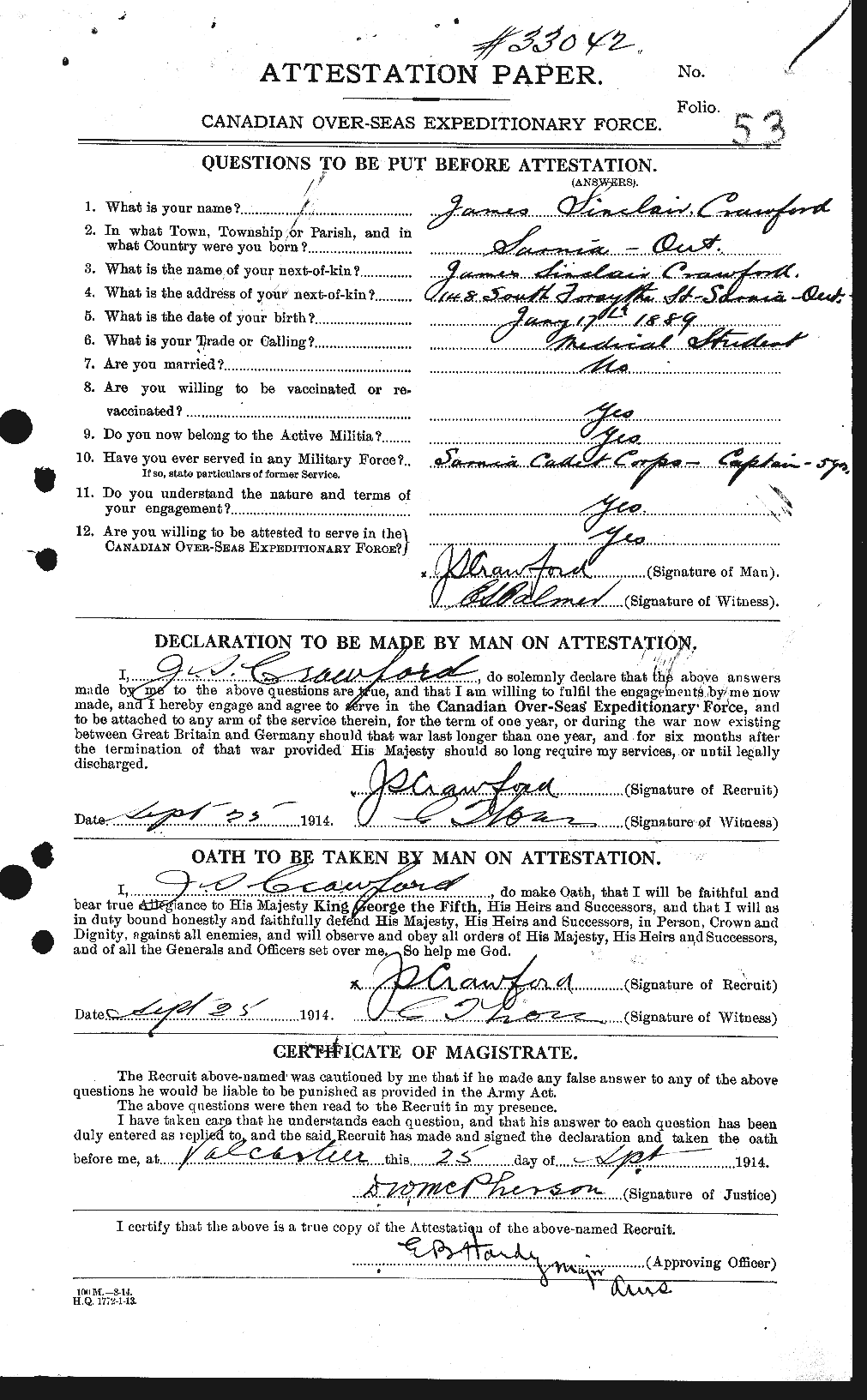 Dossiers du Personnel de la Première Guerre mondiale - CEC 062467a