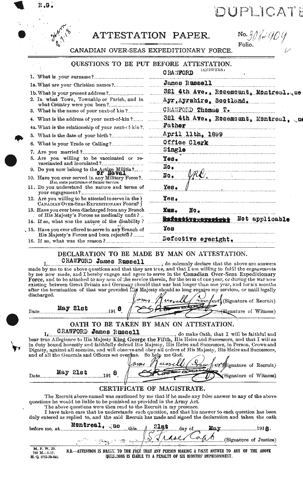 Dossiers du Personnel de la Première Guerre mondiale - CEC 062470a