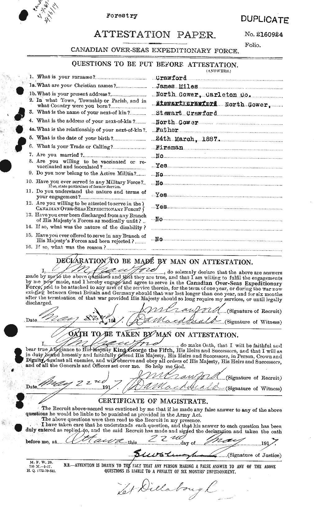Dossiers du Personnel de la Première Guerre mondiale - CEC 062474a
