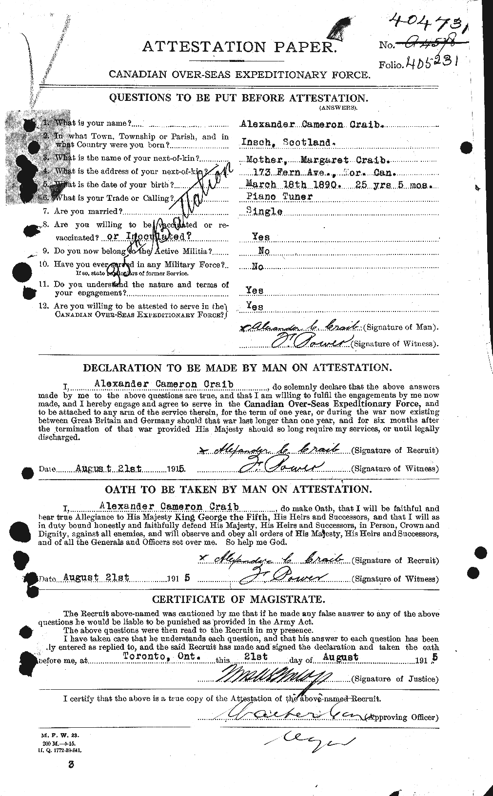Dossiers du Personnel de la Première Guerre mondiale - CEC 062701a