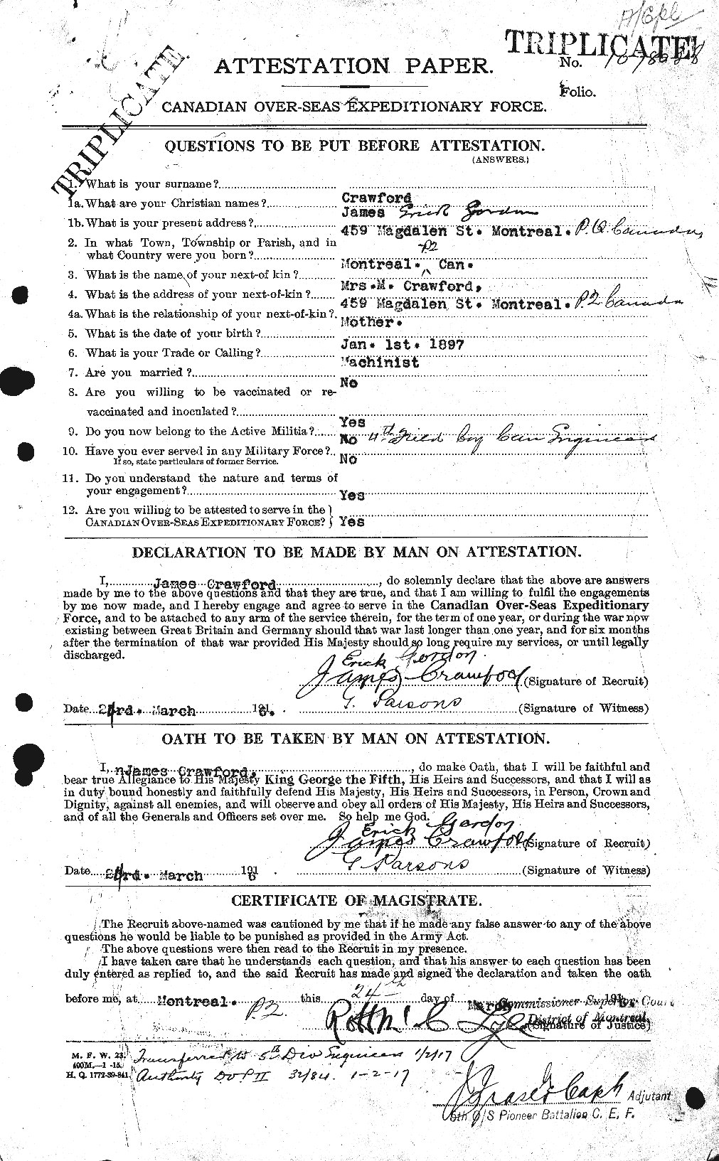 Dossiers du Personnel de la Première Guerre mondiale - CEC 062752a