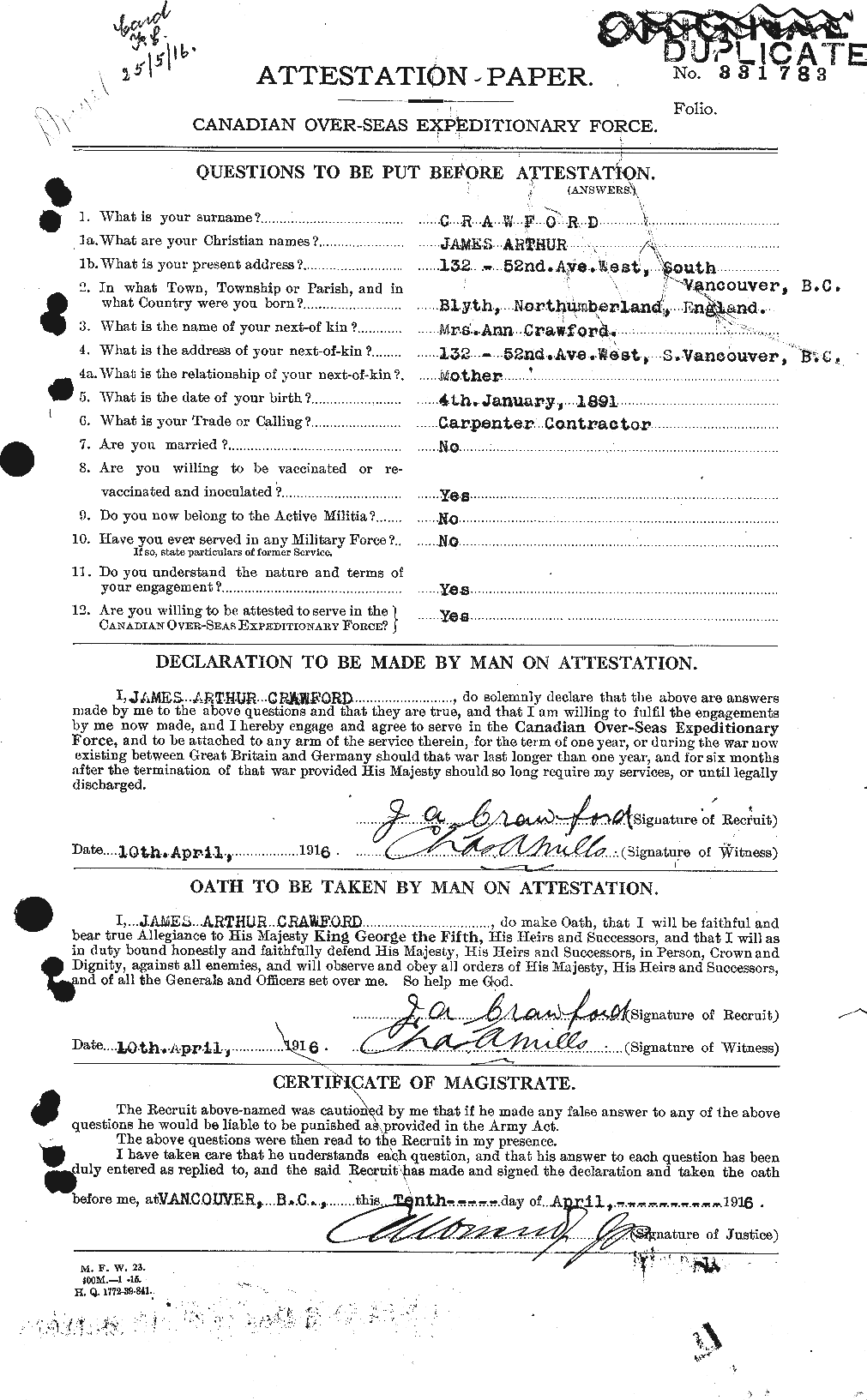 Dossiers du Personnel de la Première Guerre mondiale - CEC 062760a