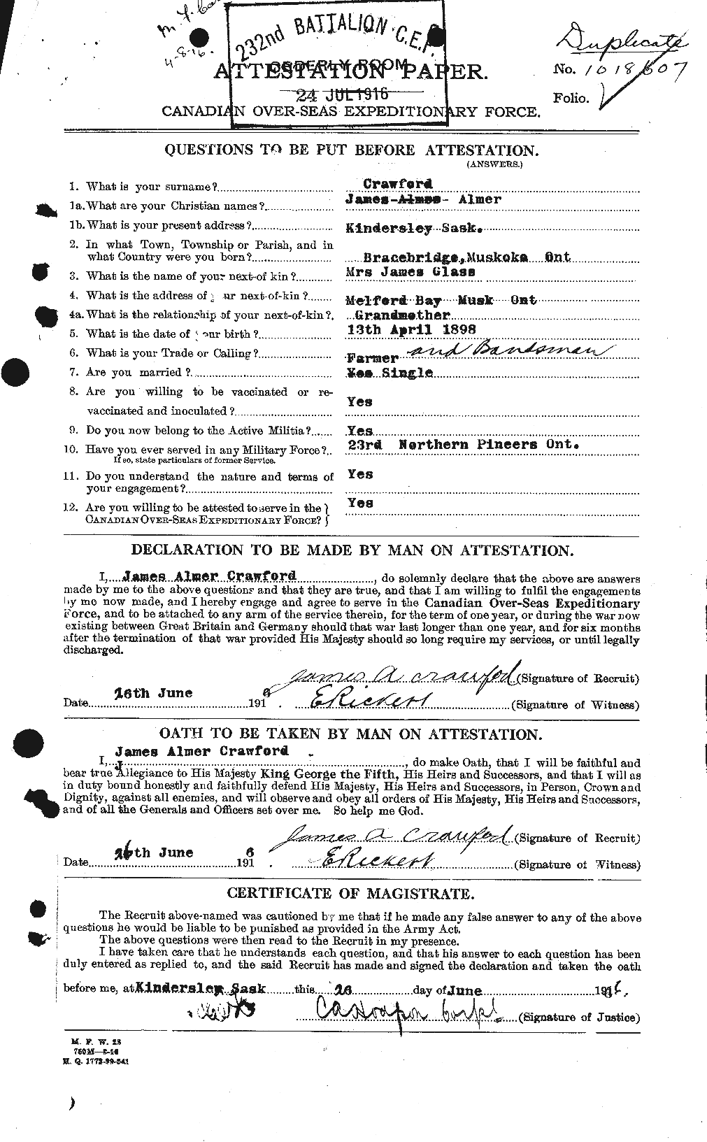 Dossiers du Personnel de la Première Guerre mondiale - CEC 062761a