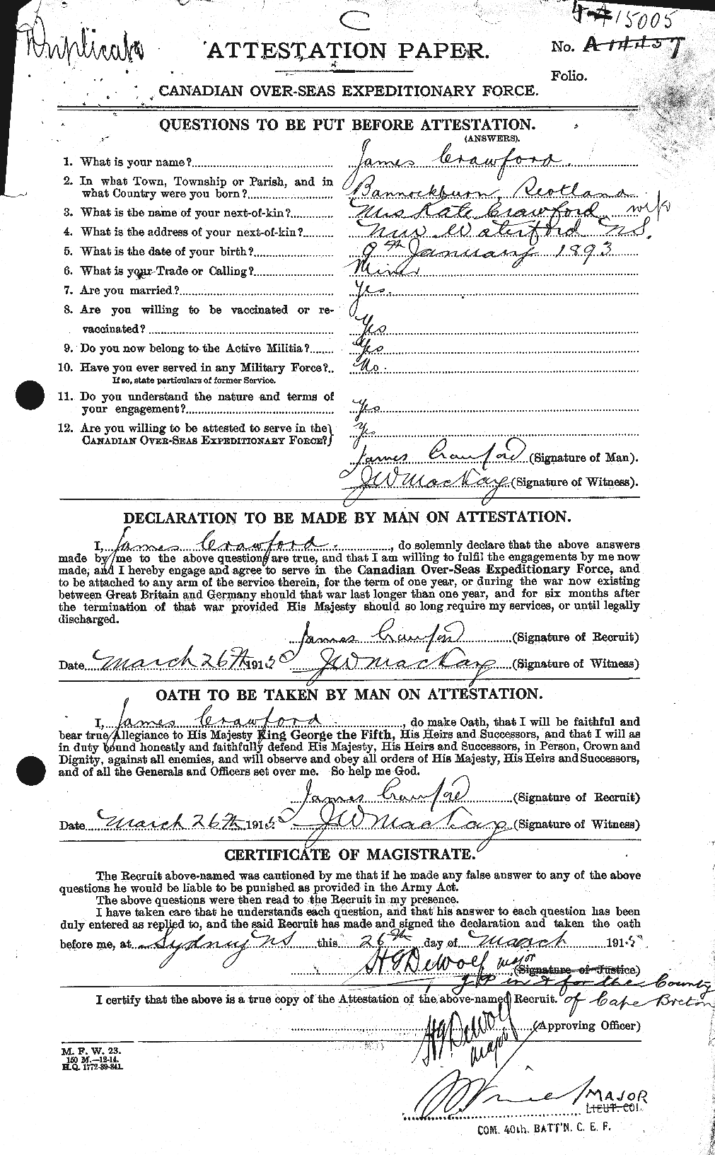 Dossiers du Personnel de la Première Guerre mondiale - CEC 062774a