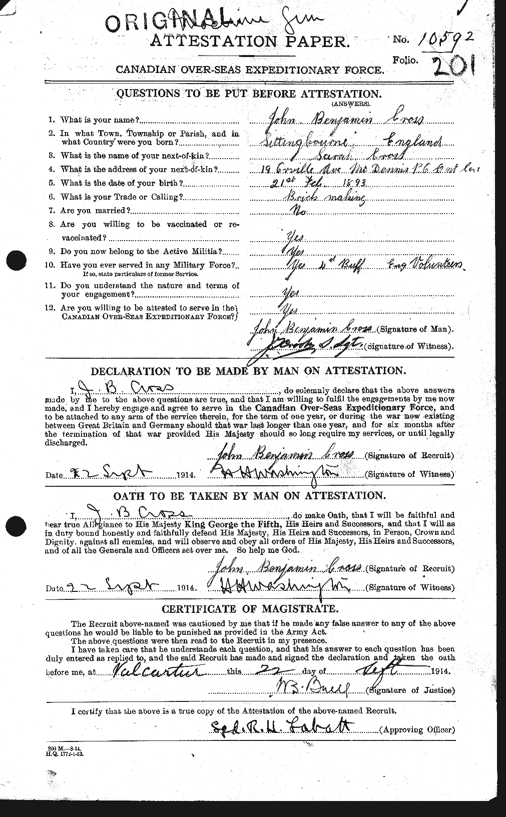 Dossiers du Personnel de la Première Guerre mondiale - CEC 064474a