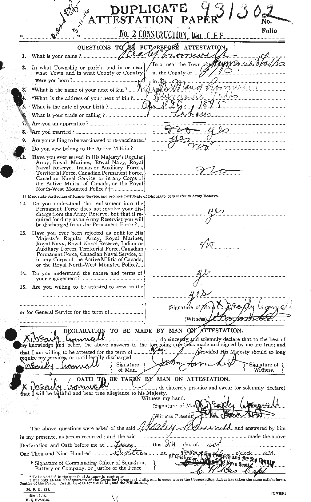 Dossiers du Personnel de la Première Guerre mondiale - CEC 064912a