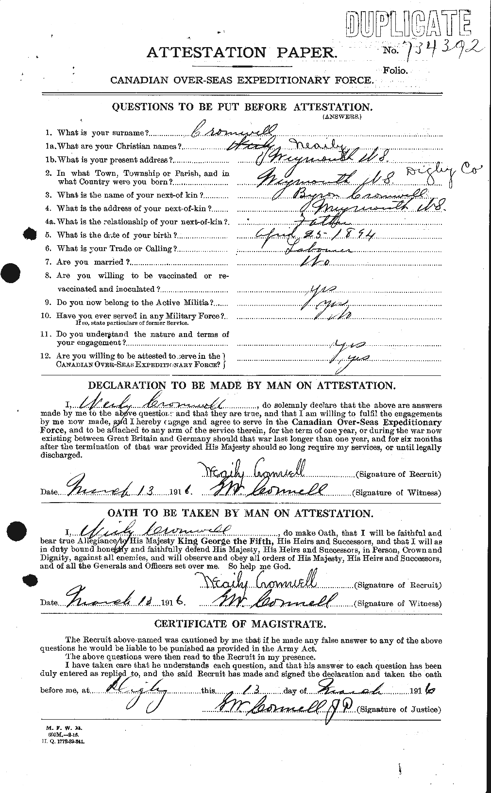 Dossiers du Personnel de la Première Guerre mondiale - CEC 064914a