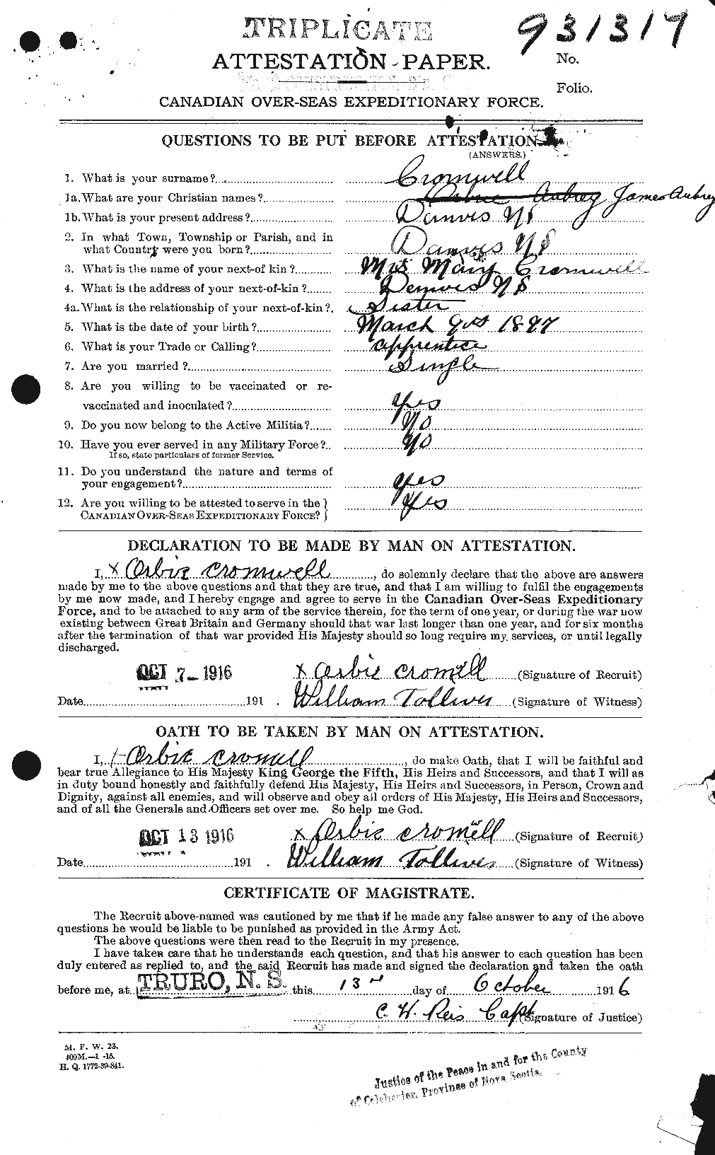 Dossiers du Personnel de la Première Guerre mondiale - CEC 064925a