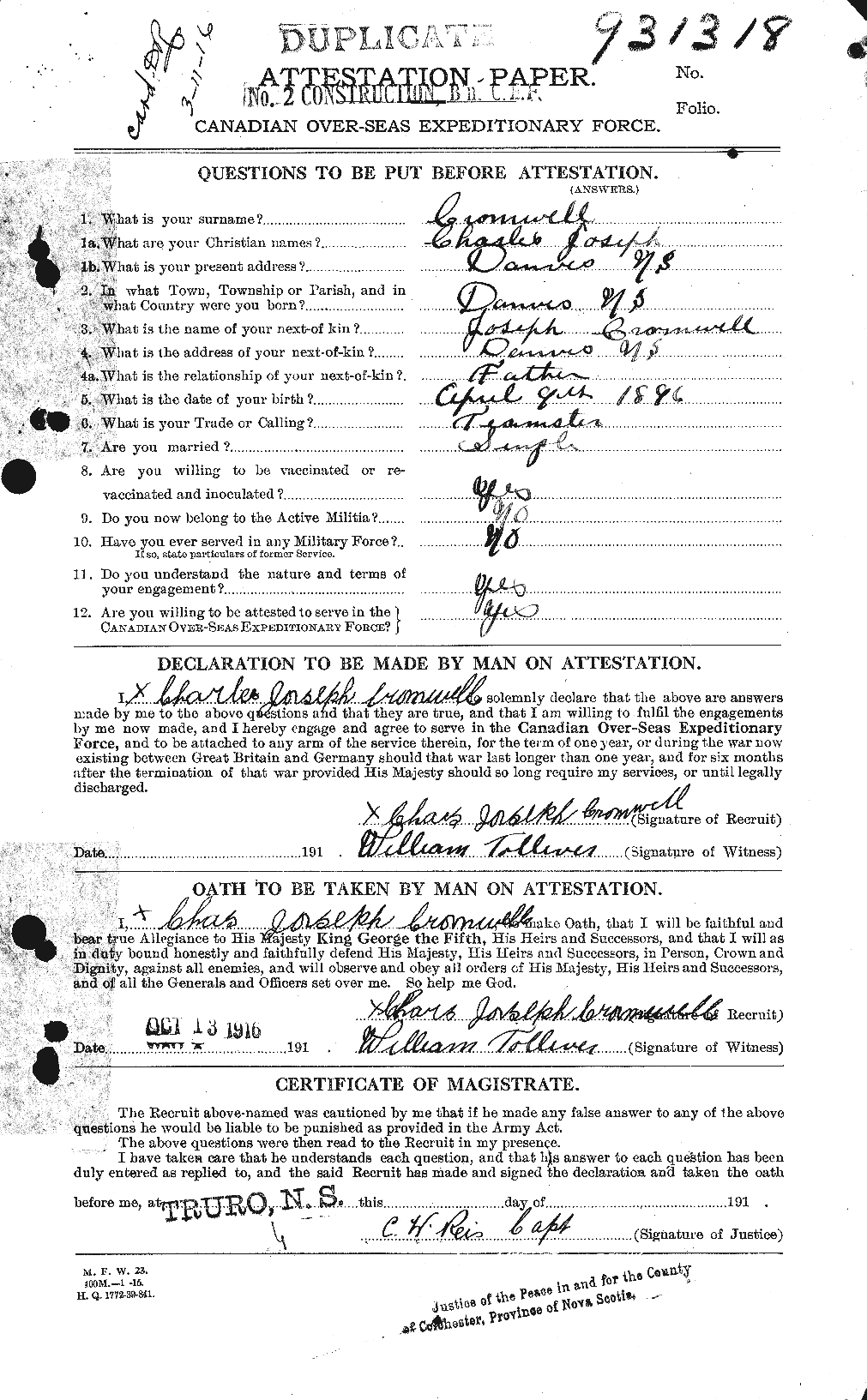 Dossiers du Personnel de la Première Guerre mondiale - CEC 064933a