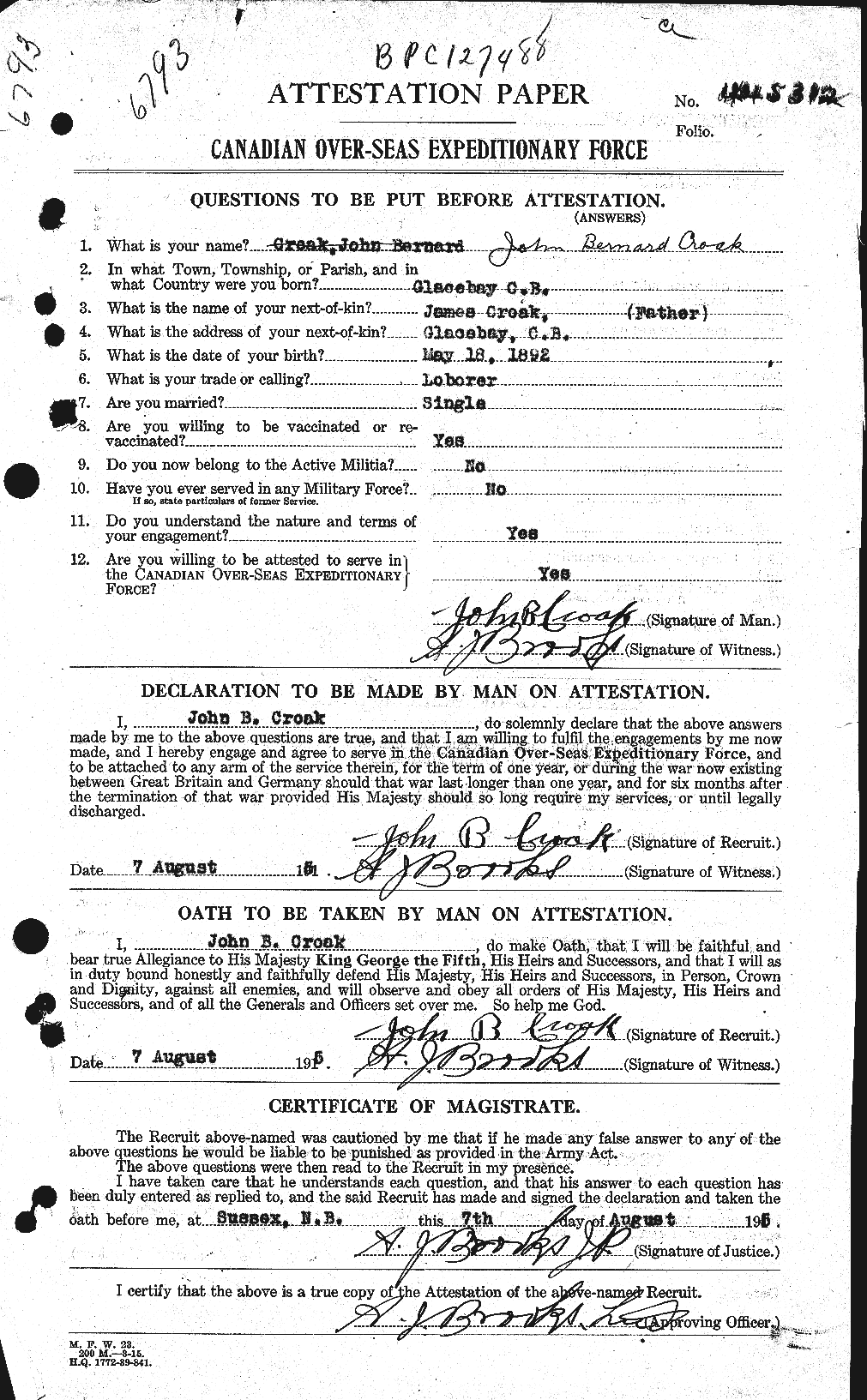 Dossiers du Personnel de la Première Guerre mondiale - CEC 065008a