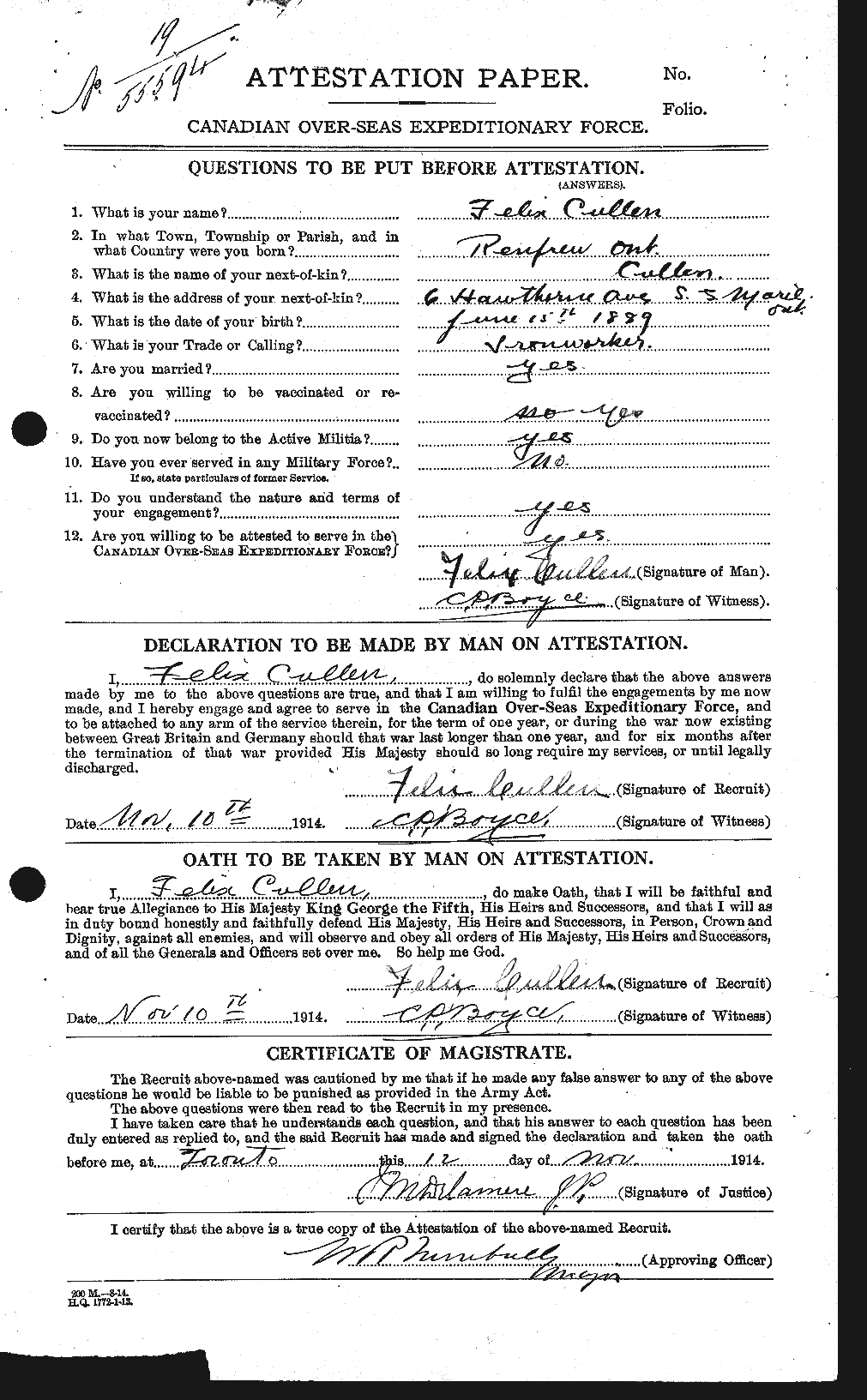 Dossiers du Personnel de la Première Guerre mondiale - CEC 065661a