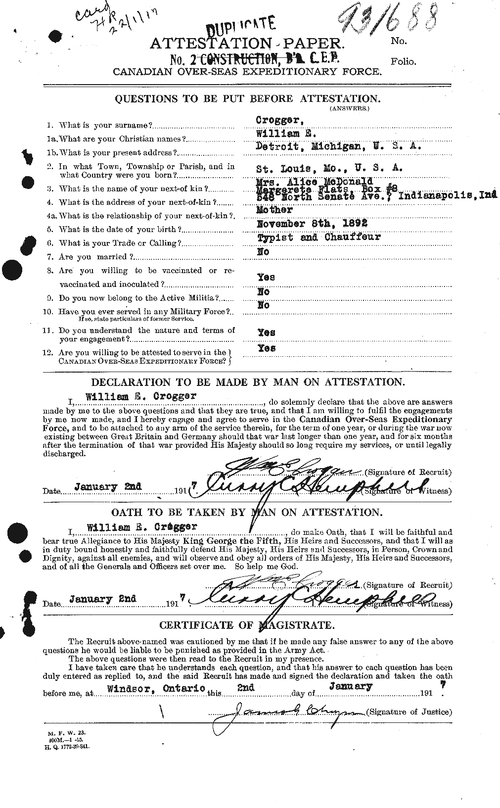 Dossiers du Personnel de la Première Guerre mondiale - CEC 065849a
