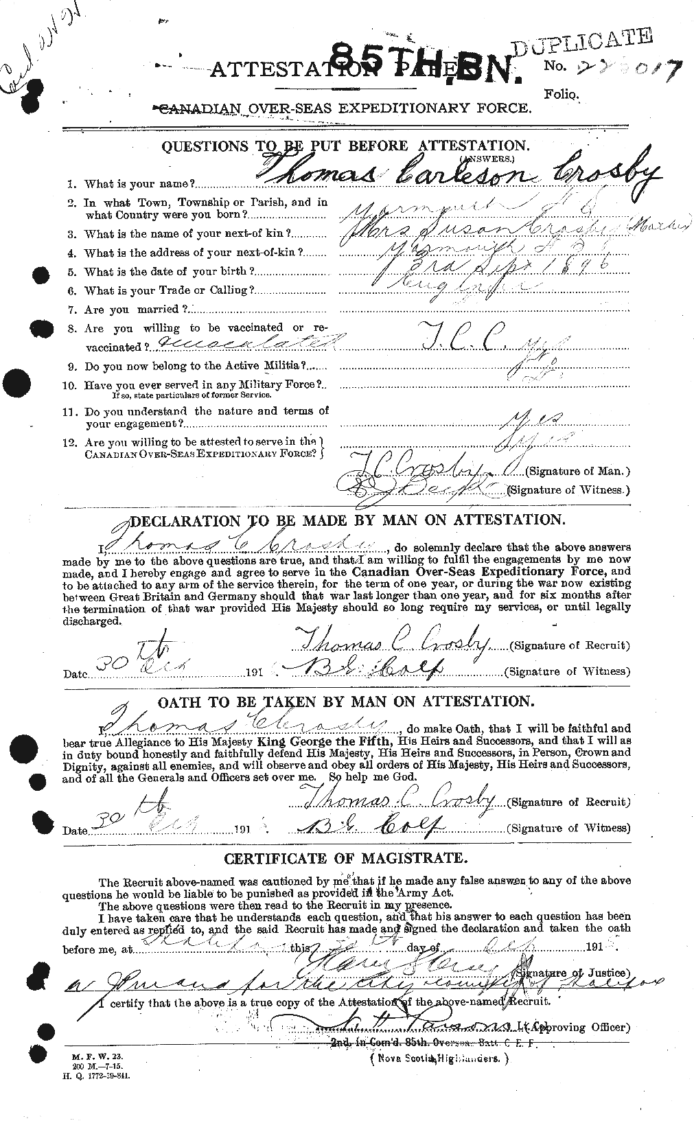 Dossiers du Personnel de la Première Guerre mondiale - CEC 066049a