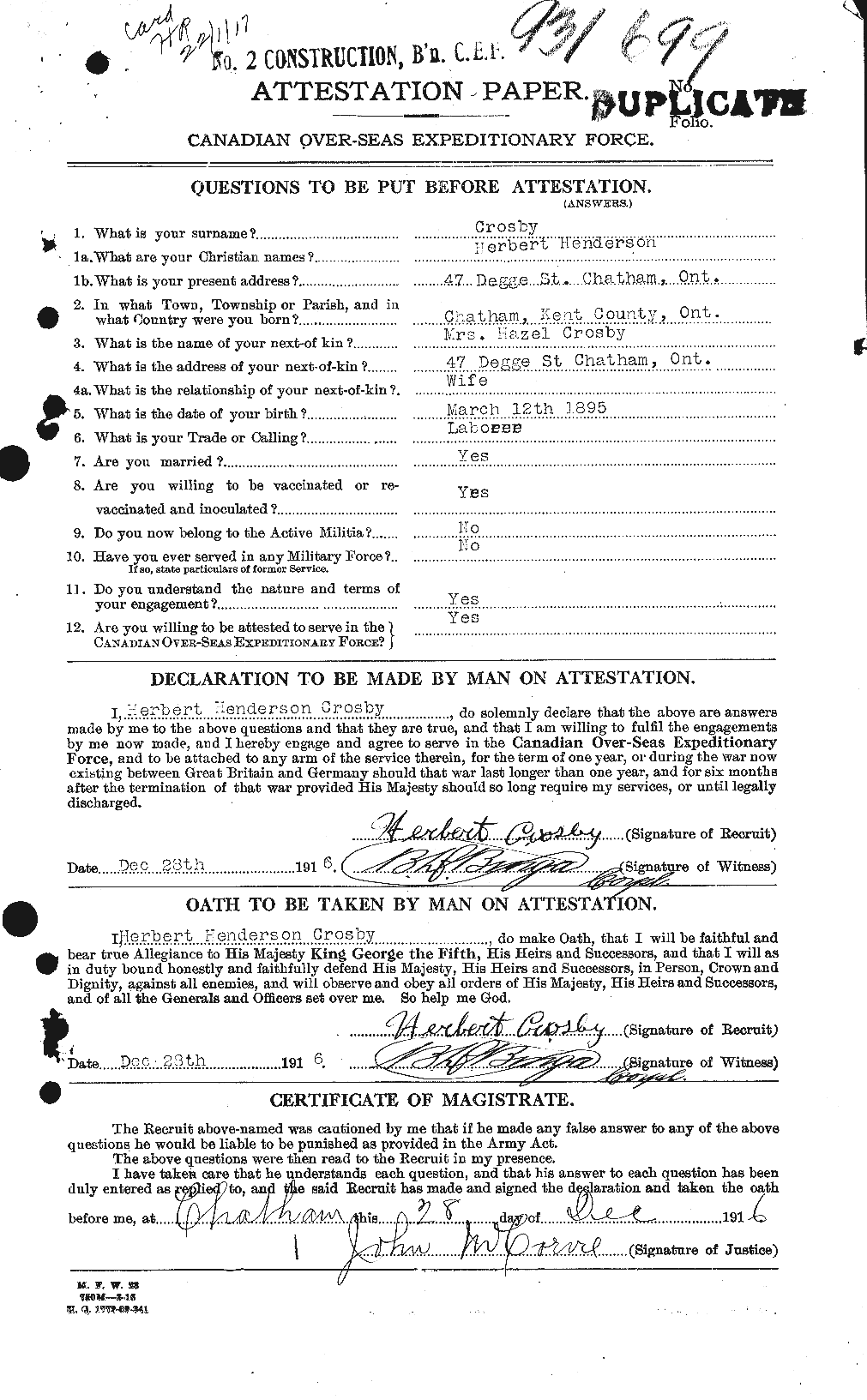 Dossiers du Personnel de la Première Guerre mondiale - CEC 066092a