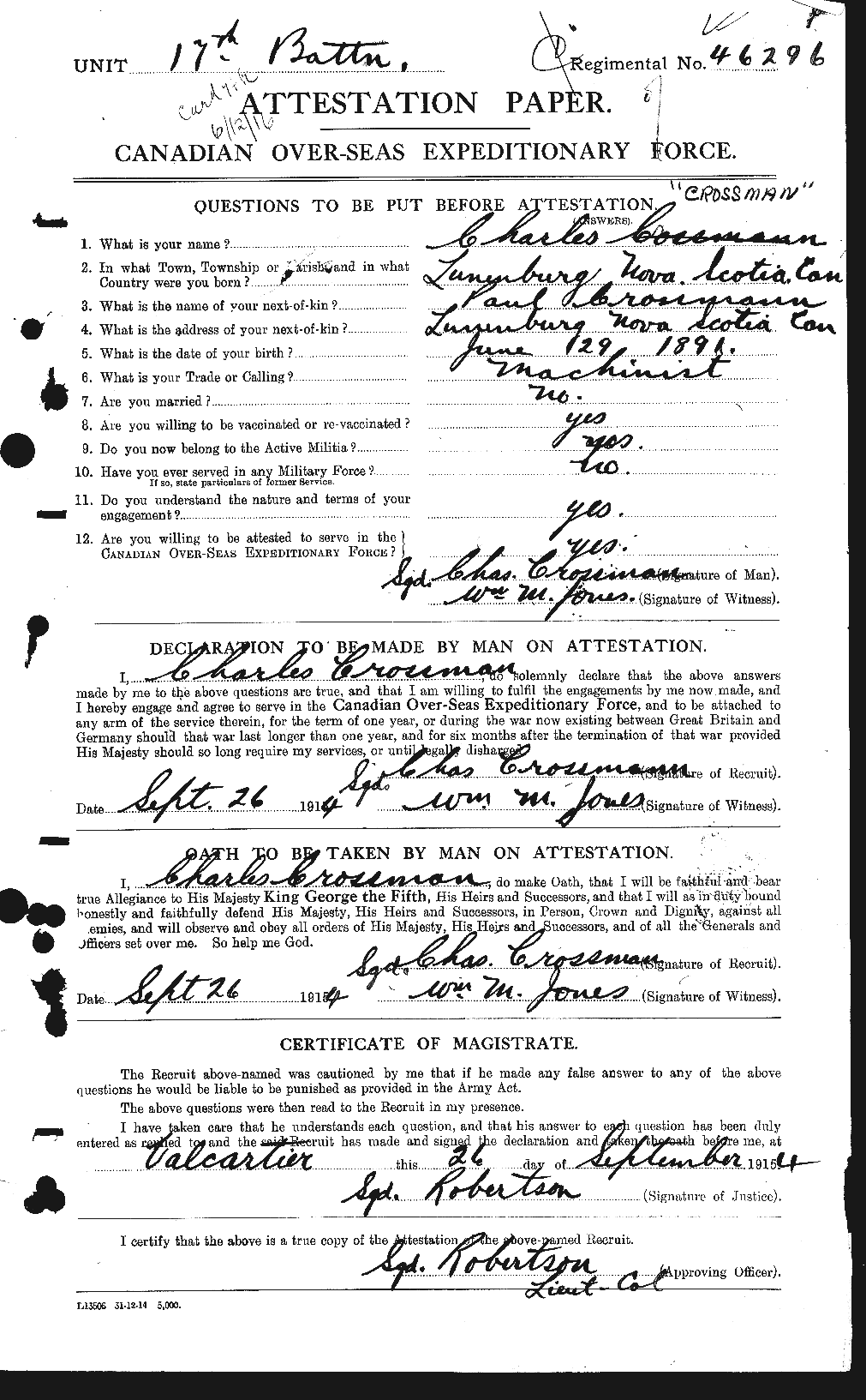 Dossiers du Personnel de la Première Guerre mondiale - CEC 066535a