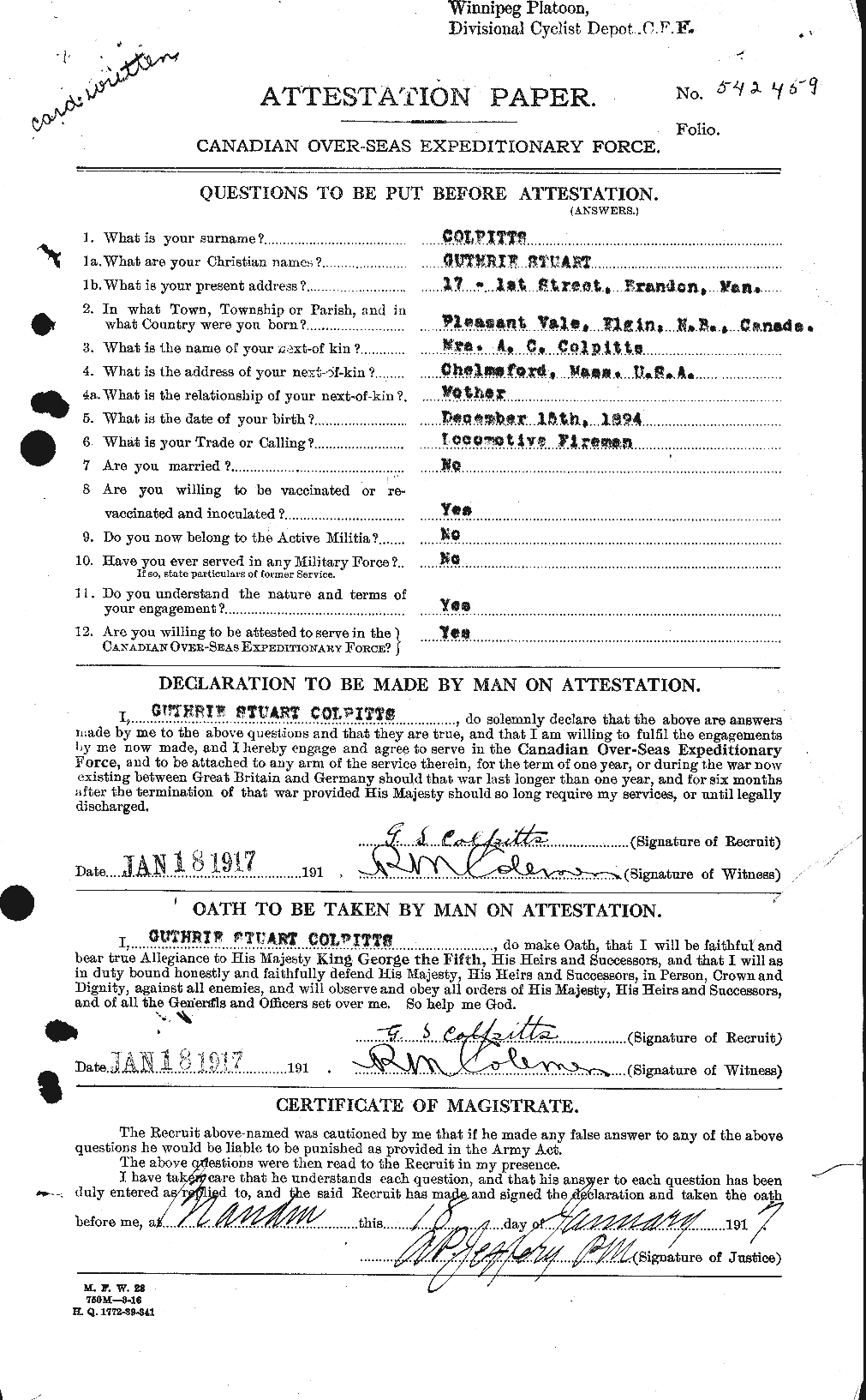 Dossiers du Personnel de la Première Guerre mondiale - CEC 067423a