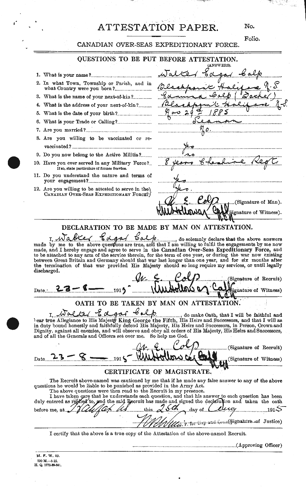 Dossiers du Personnel de la Première Guerre mondiale - CEC 067445a