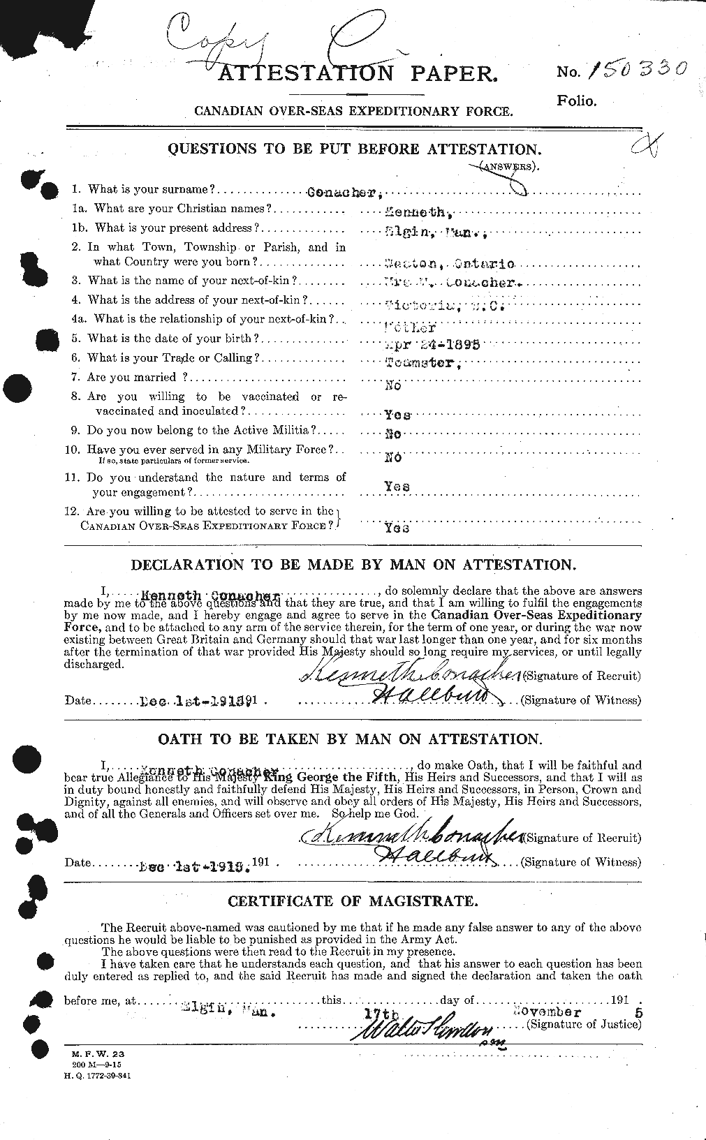 Dossiers du Personnel de la Première Guerre mondiale - CEC 067540a