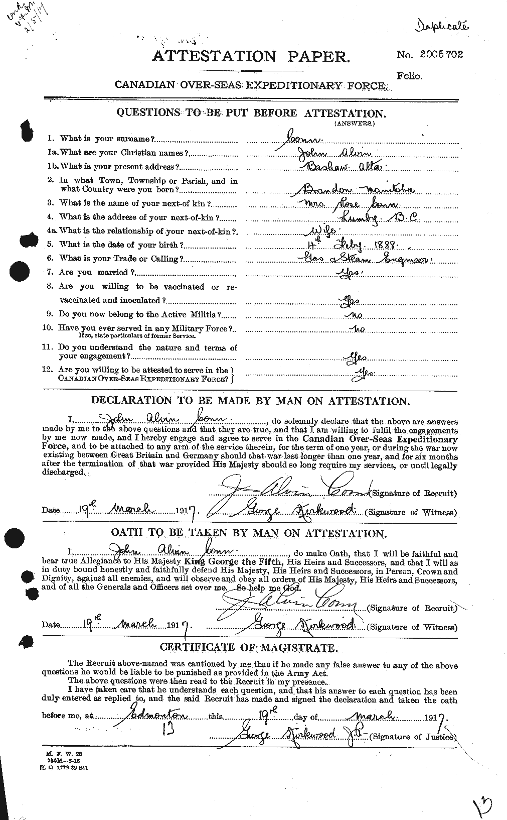 Dossiers du Personnel de la Première Guerre mondiale - CEC 067598a