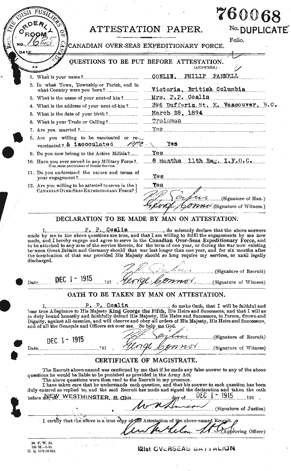 Dossiers du Personnel de la Première Guerre mondiale - CEC 067756a
