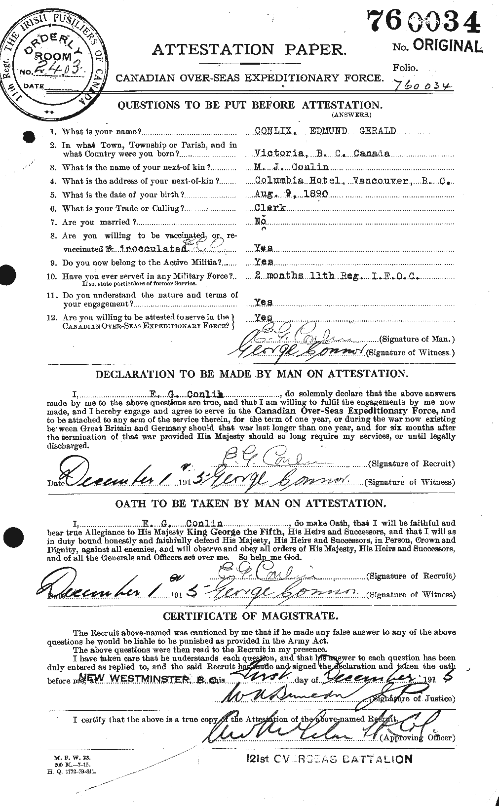 Dossiers du Personnel de la Première Guerre mondiale - CEC 067782a