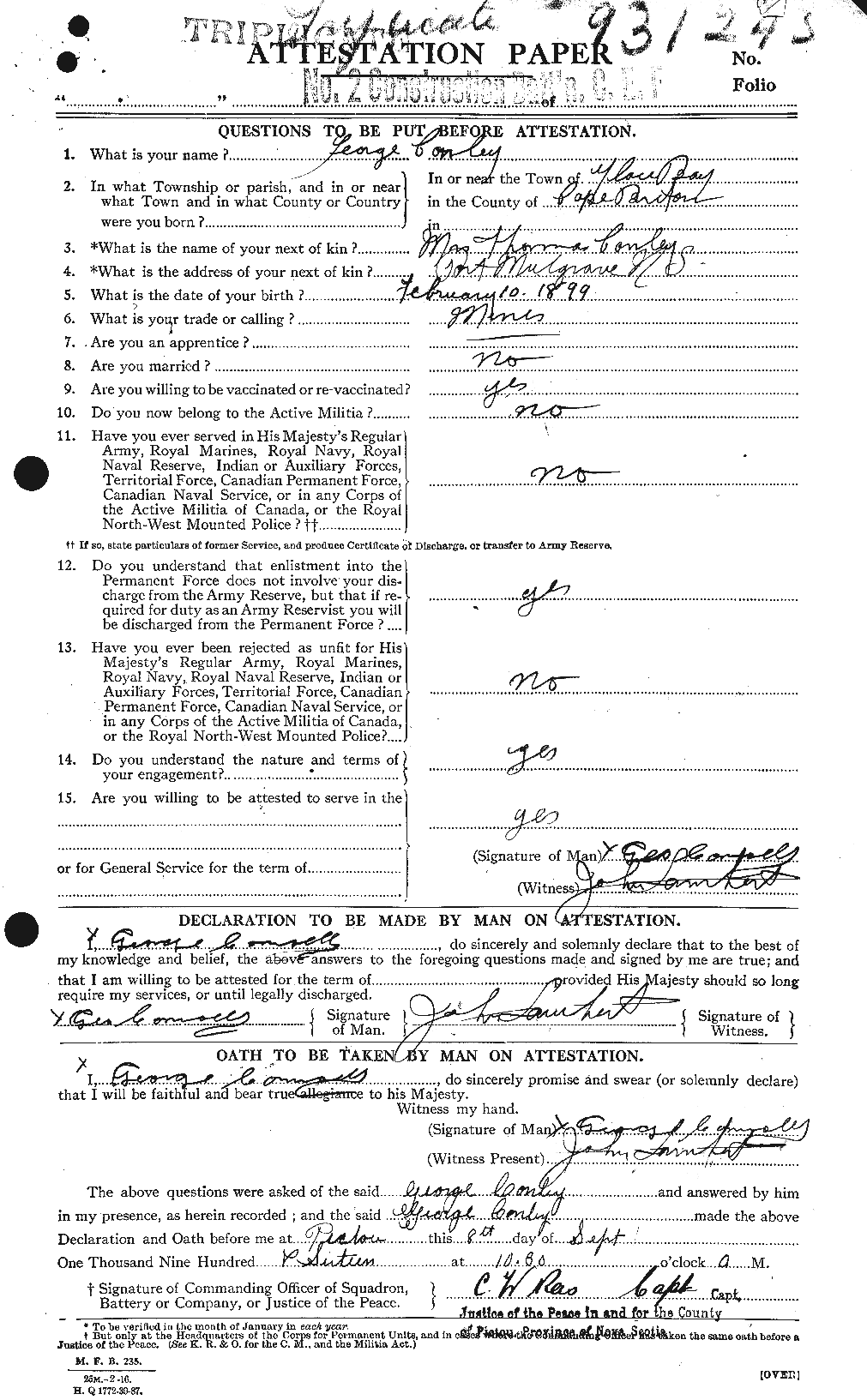 Dossiers du Personnel de la Première Guerre mondiale - CEC 067846a