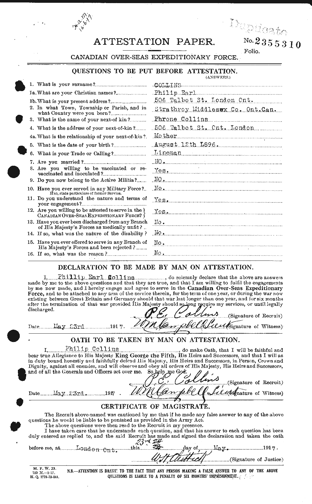 Personnel Records of the First World War - CEF 069292a