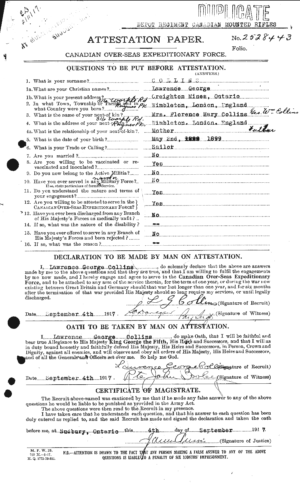 Personnel Records of the First World War - CEF 069501a
