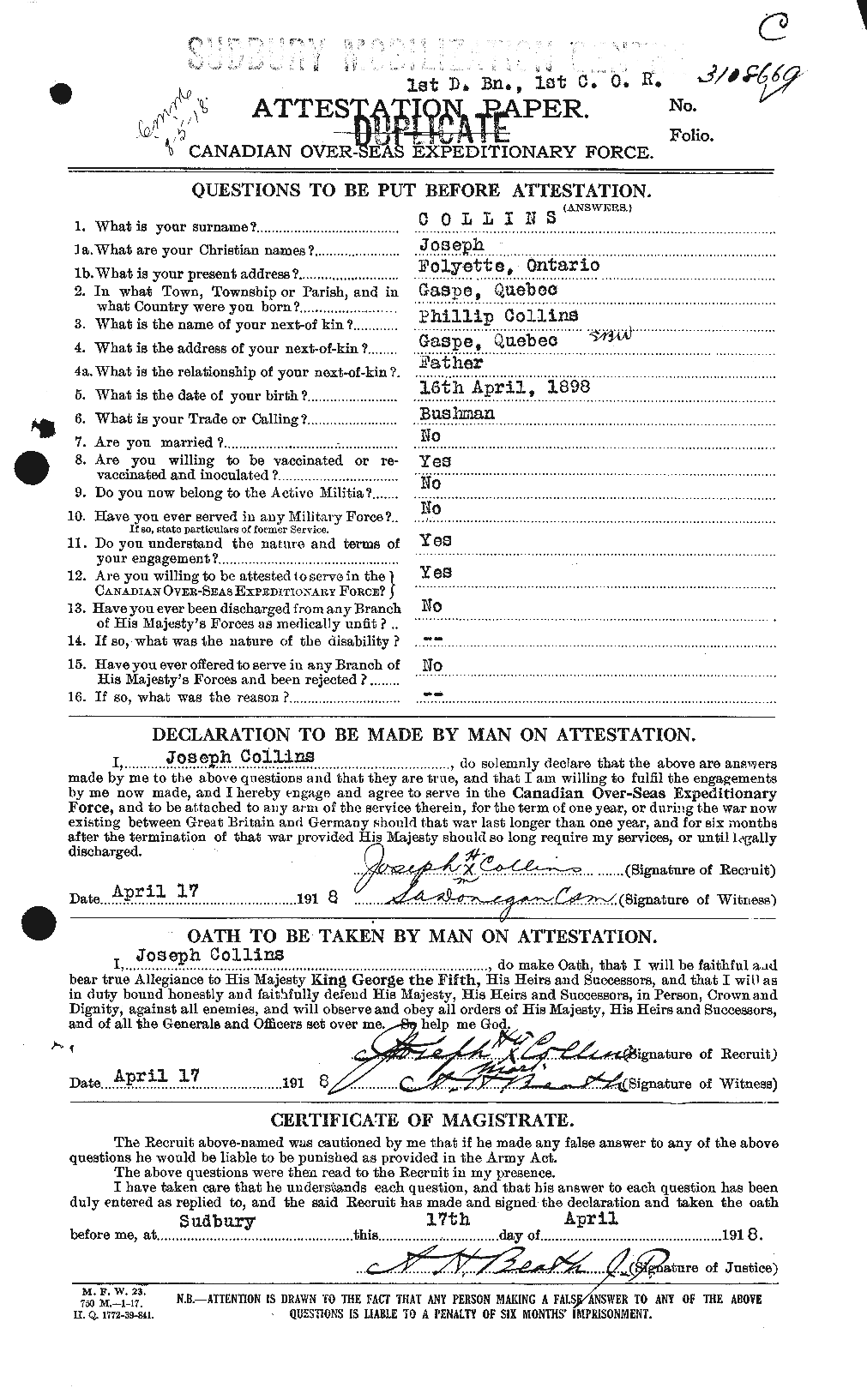 Personnel Records of the First World War - CEF 069517a