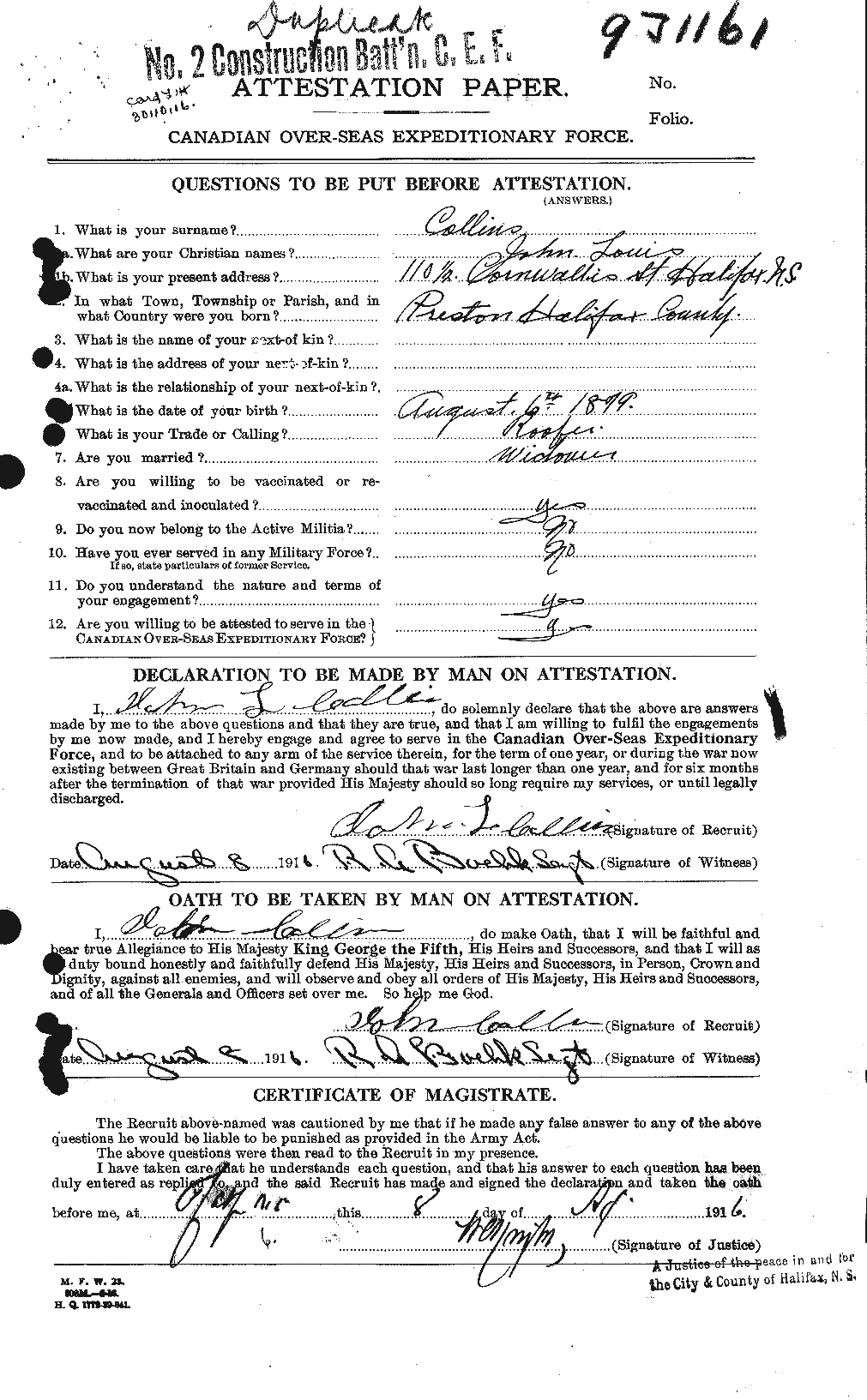 Dossiers du Personnel de la Première Guerre mondiale - CEC 069544a
