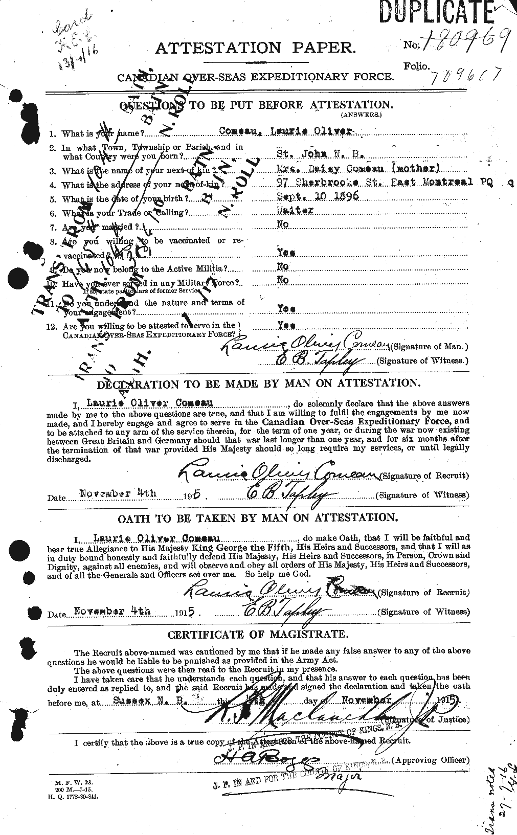 Dossiers du Personnel de la Première Guerre mondiale - CEC 069587a
