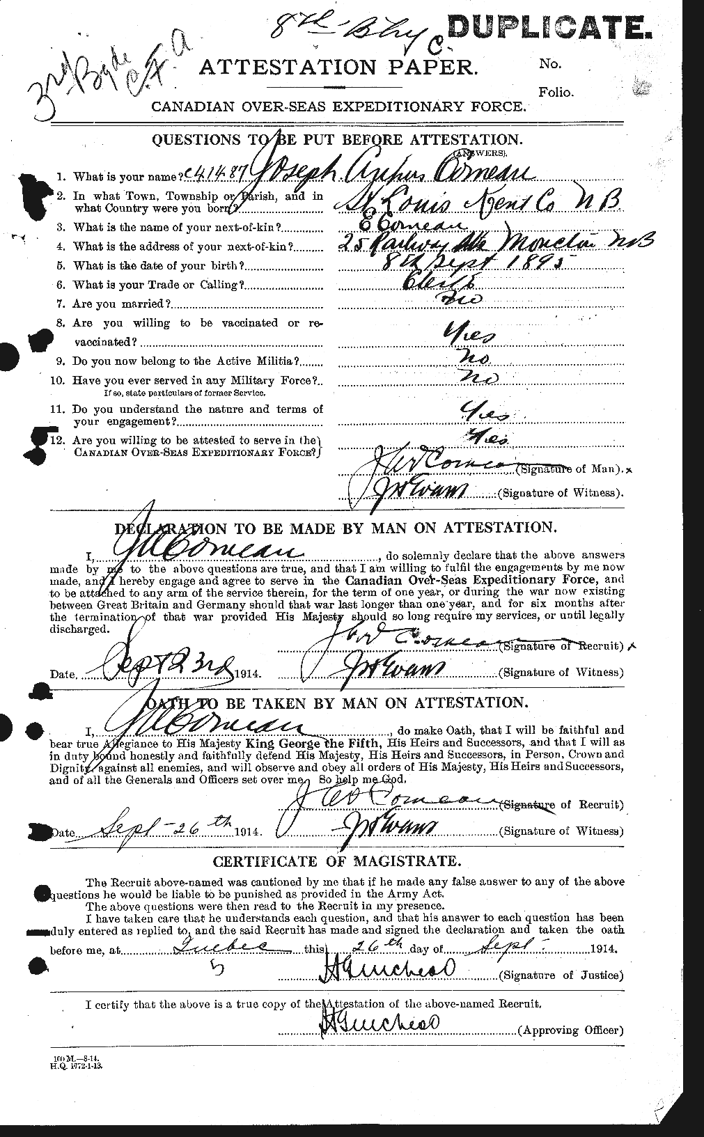 Dossiers du Personnel de la Première Guerre mondiale - CEC 069600a