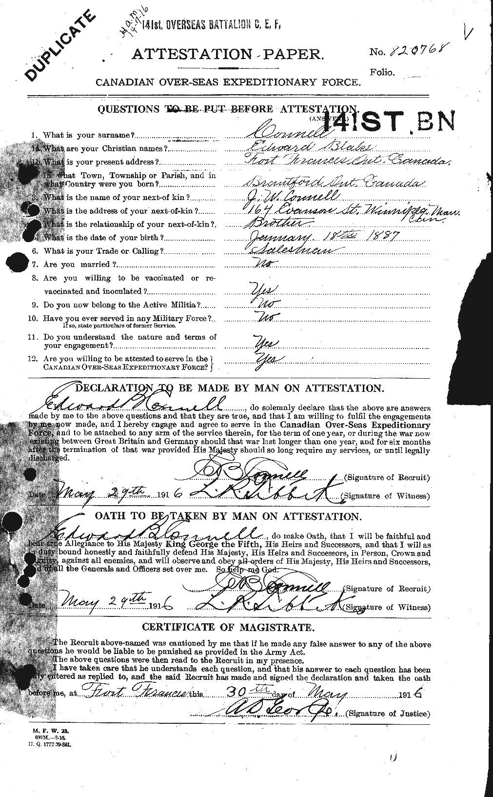 Dossiers du Personnel de la Première Guerre mondiale - CEC 069651a