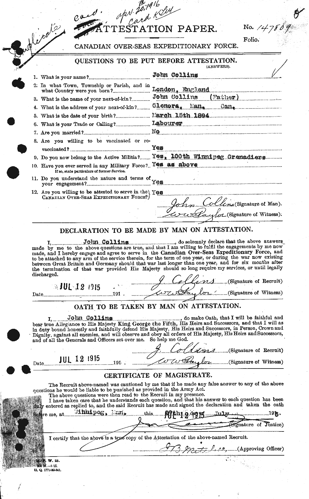 Personnel Records of the First World War - CEF 069794a