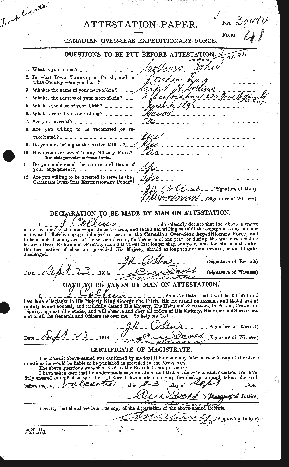 Dossiers du Personnel de la Première Guerre mondiale - CEC 069931a