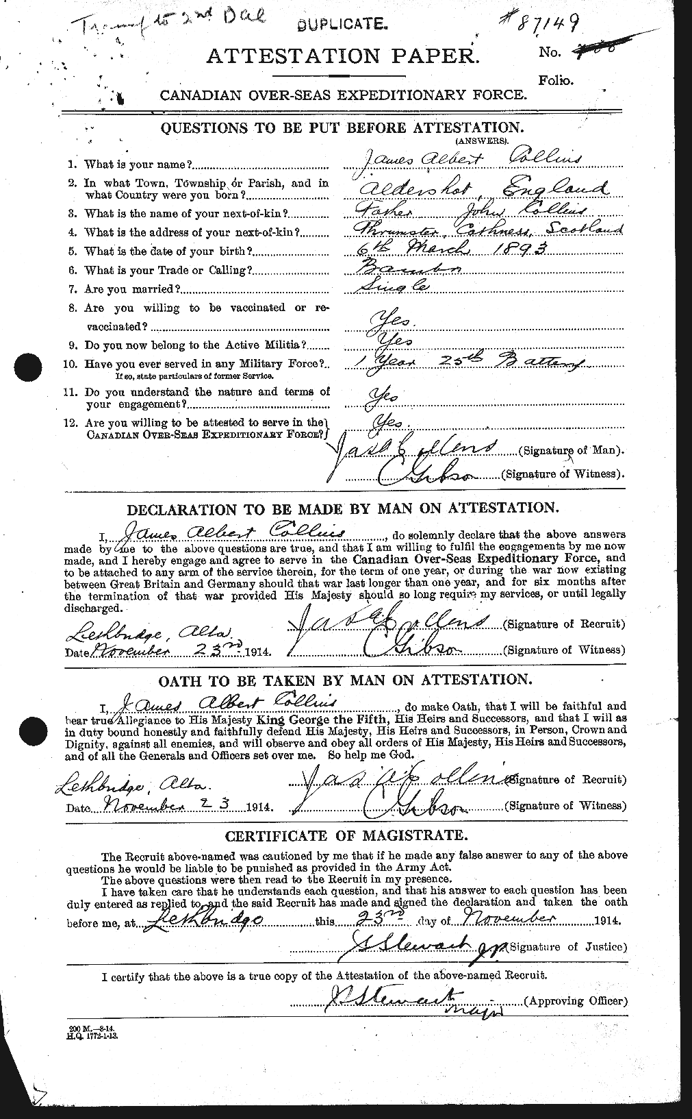 Dossiers du Personnel de la Première Guerre mondiale - CEC 069959a