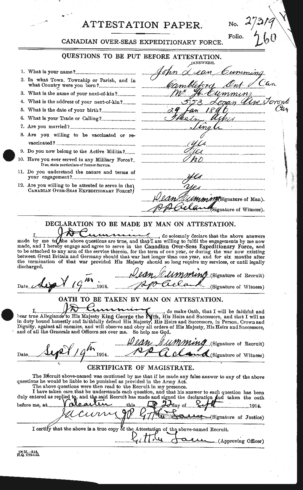 Dossiers du Personnel de la Première Guerre mondiale - CEC 071075a