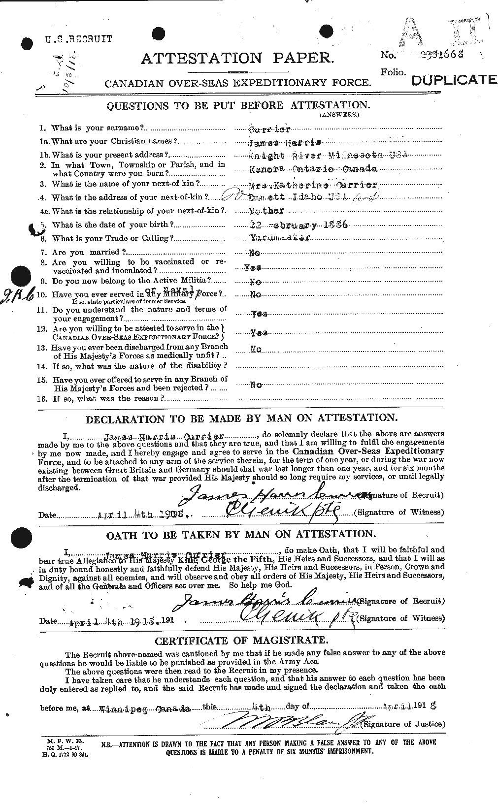 Dossiers du Personnel de la Première Guerre mondiale - CEC 071413a