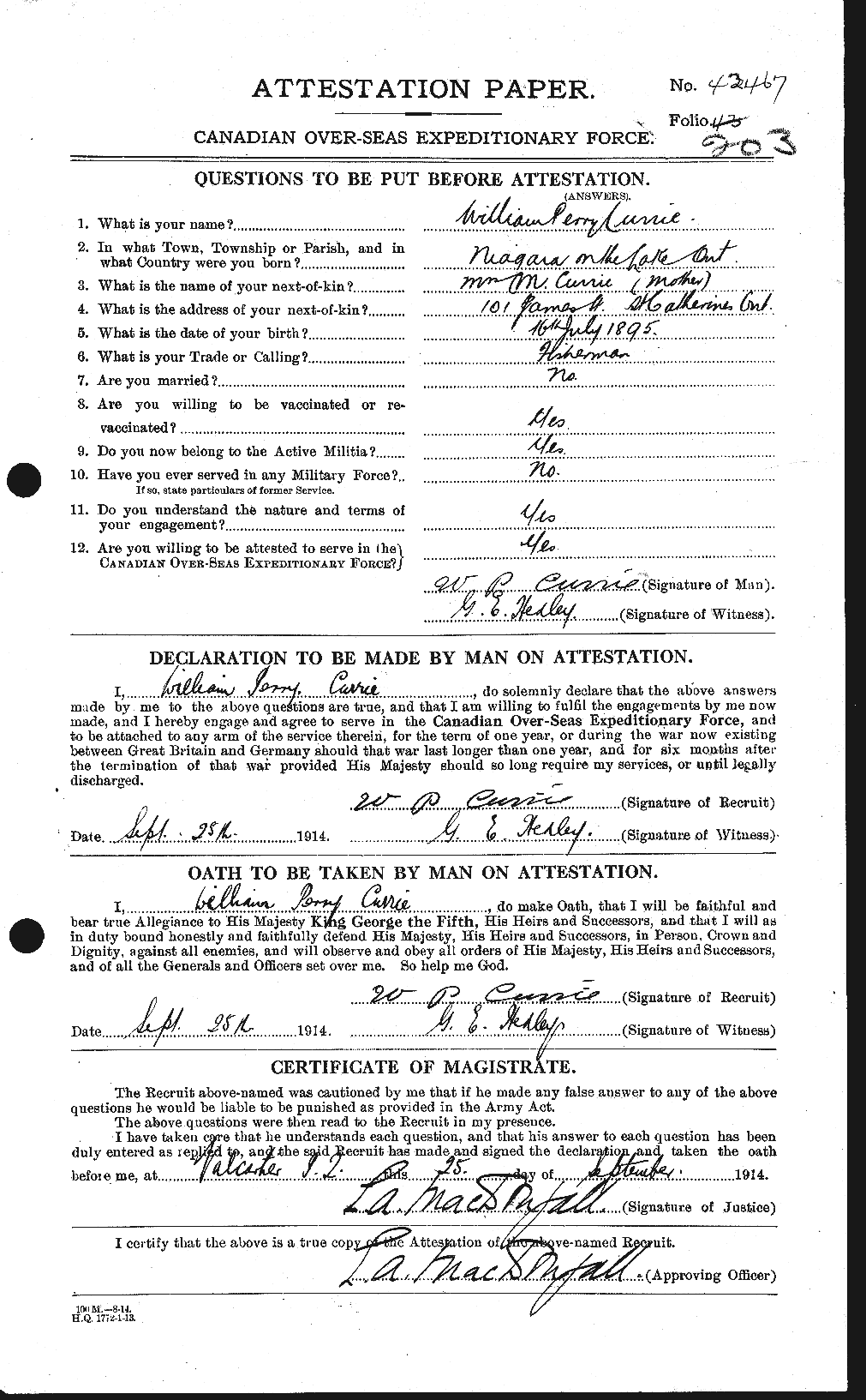 Dossiers du Personnel de la Première Guerre mondiale - CEC 071439a