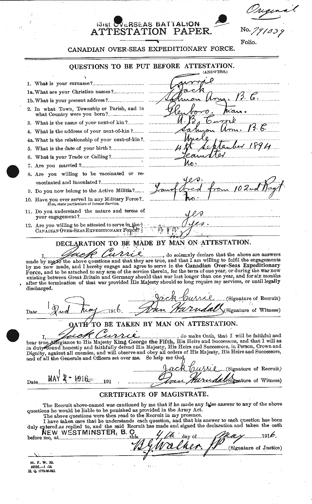 Personnel Records of the First World War - CEF 072298a