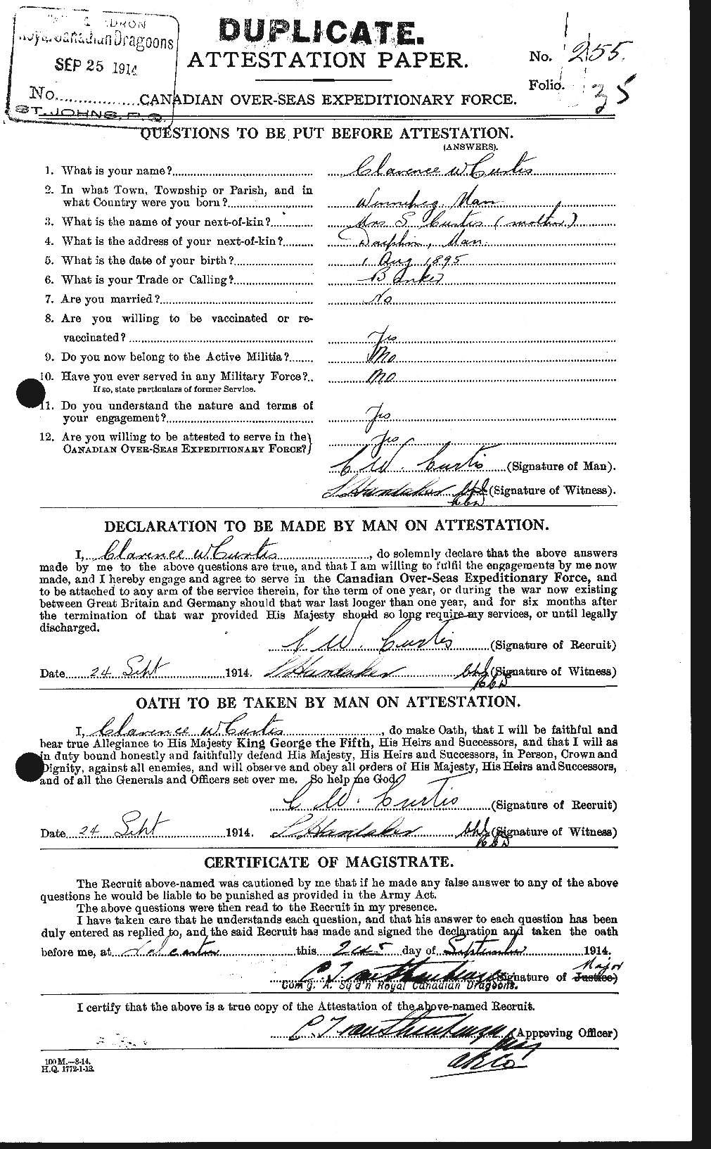 Dossiers du Personnel de la Première Guerre mondiale - CEC 072580a