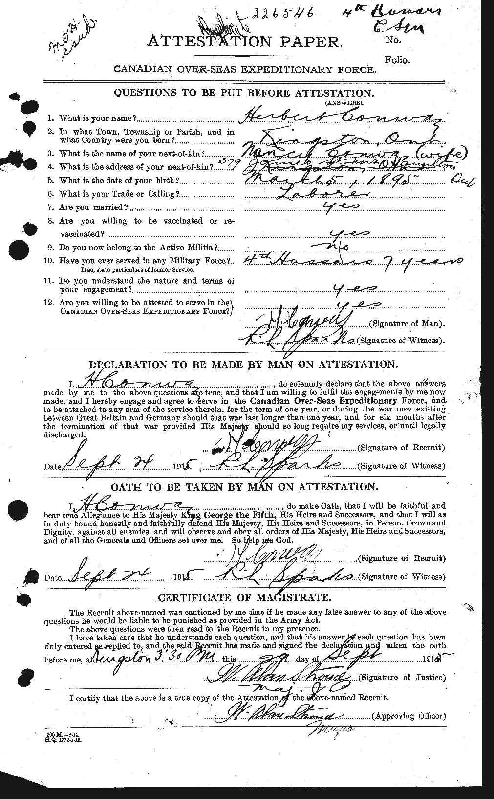 Dossiers du Personnel de la Première Guerre mondiale - CEC 073362a