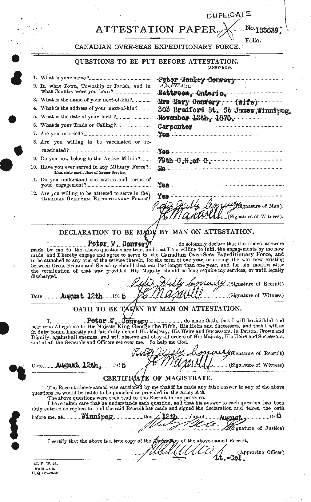 Dossiers du Personnel de la Première Guerre mondiale - CEC 073533a