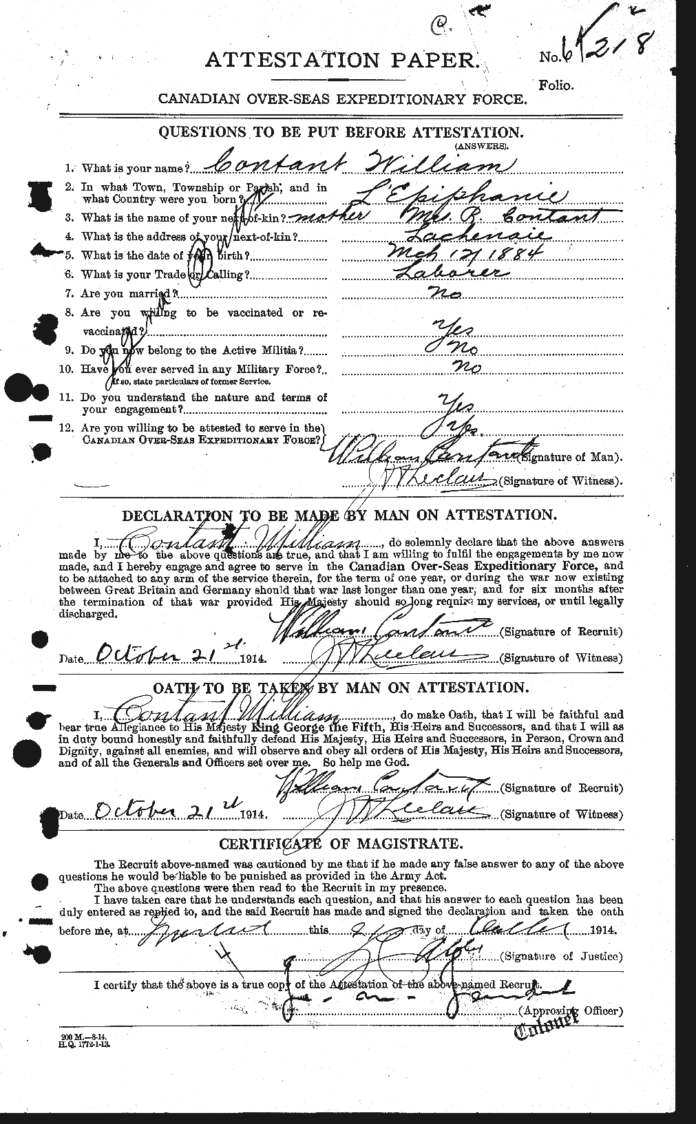 Dossiers du Personnel de la Première Guerre mondiale - CEC 073618a