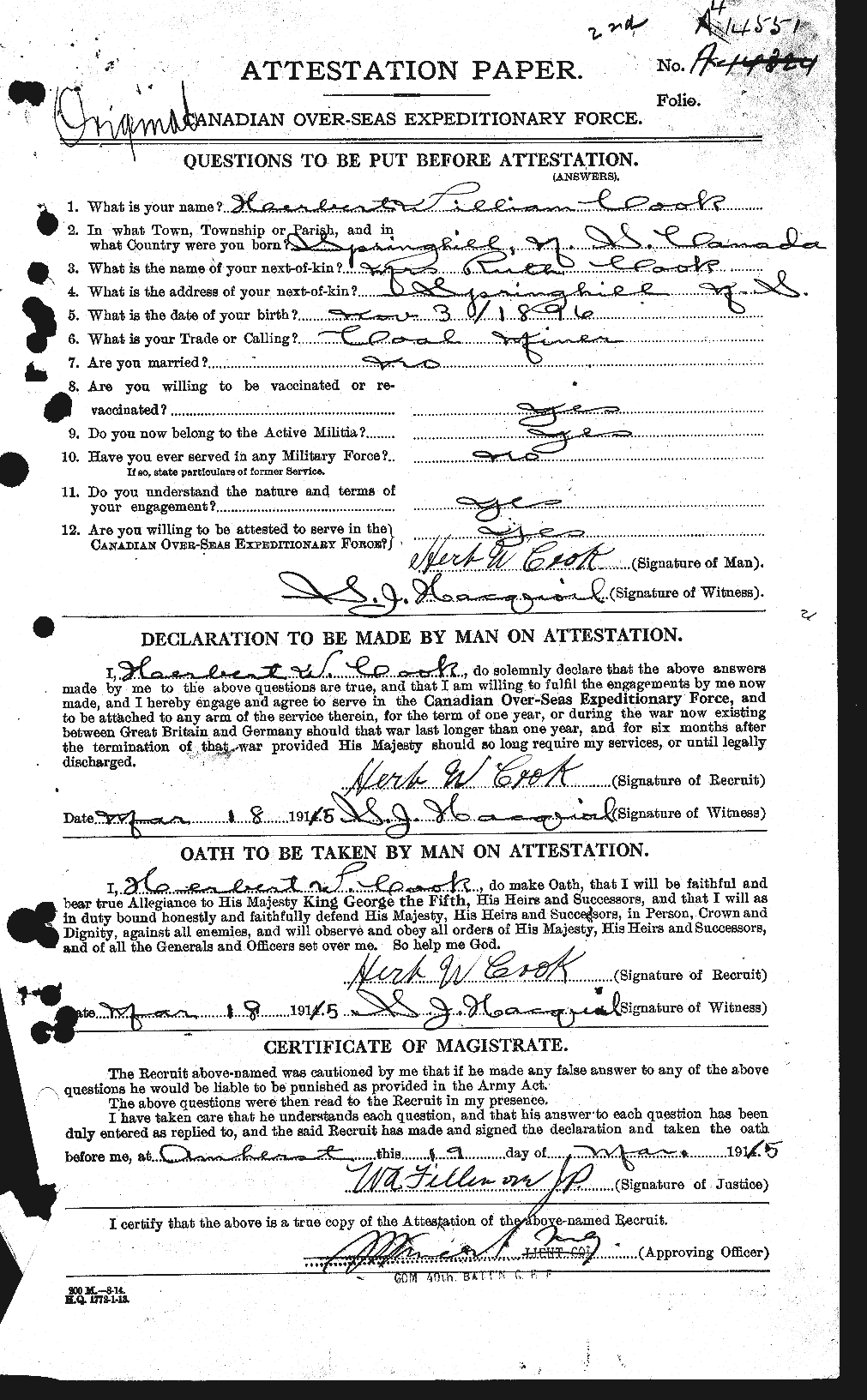 Dossiers du Personnel de la Première Guerre mondiale - CEC 073713a