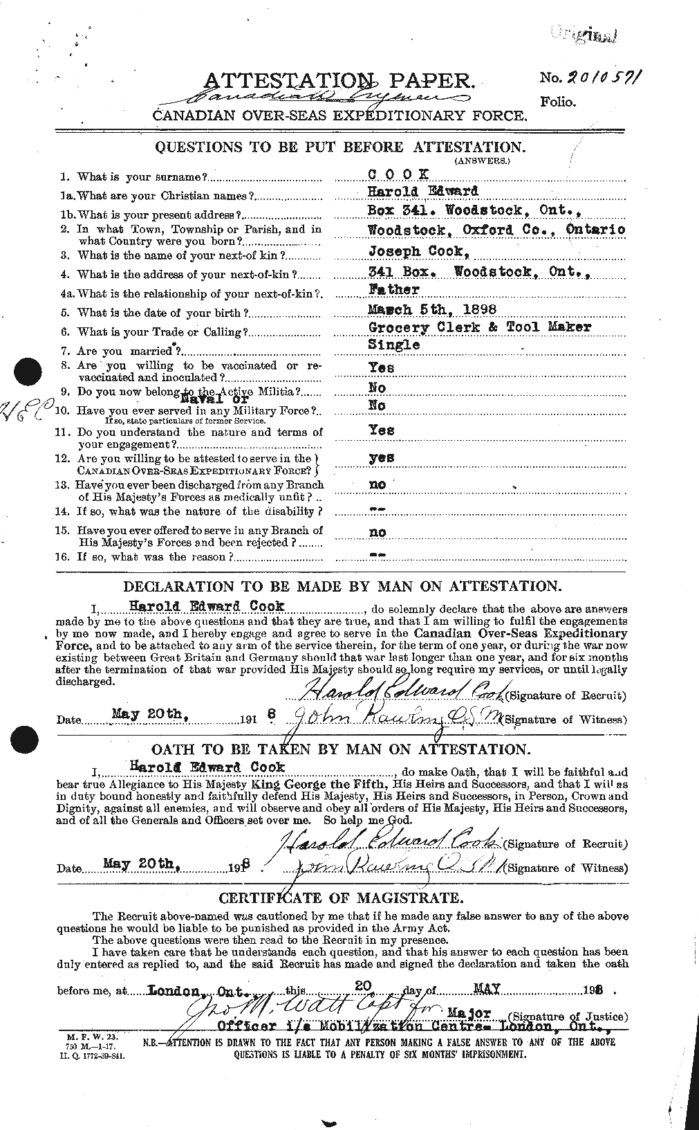 Dossiers du Personnel de la Première Guerre mondiale - CEC 073772a