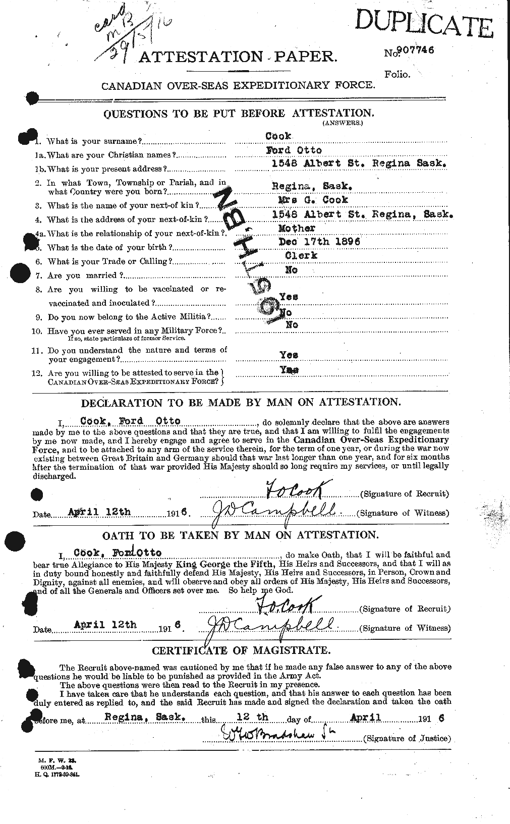 Dossiers du Personnel de la Première Guerre mondiale - CEC 073908a